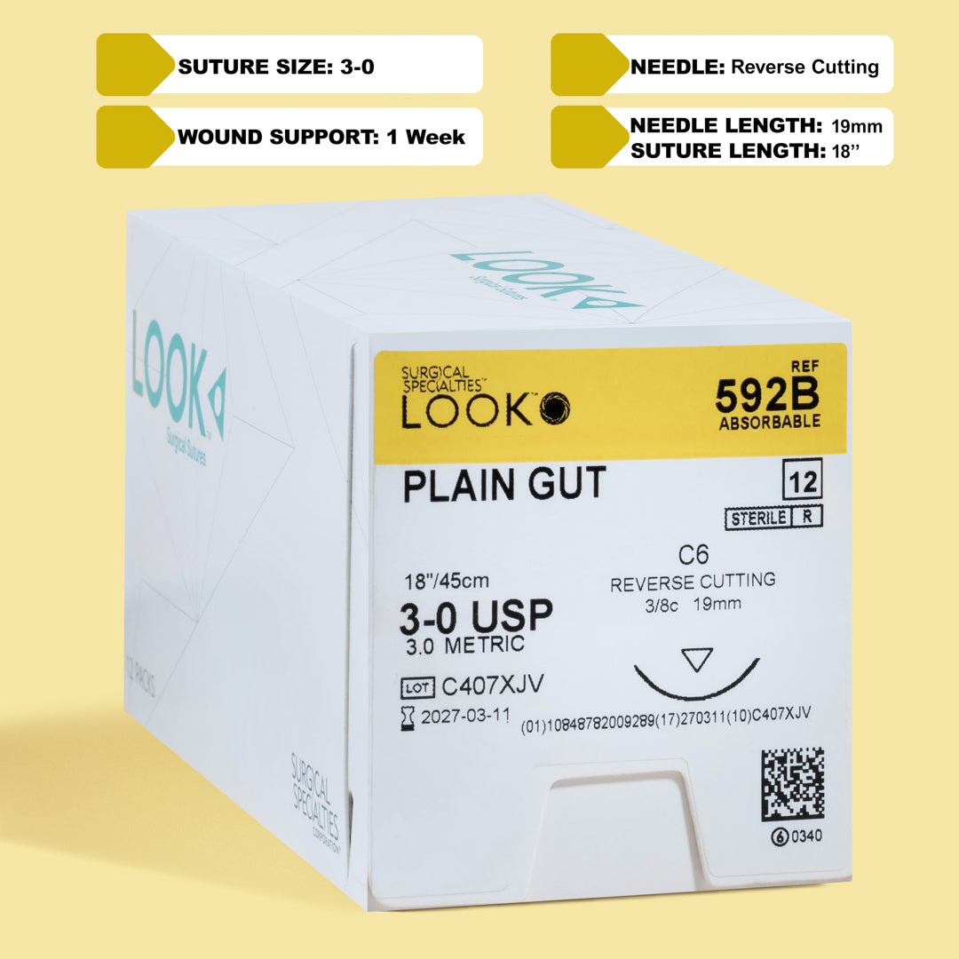 Box of 3-0 Plain Gut sutures featuring a C6 reverse cutting needle, labeled 592B, highlighting the 1-week wound support capability, complete with a QR code for product details. The sterile packaging indicates the suitability for efficient wound approximation in rapid-healing scenarios.