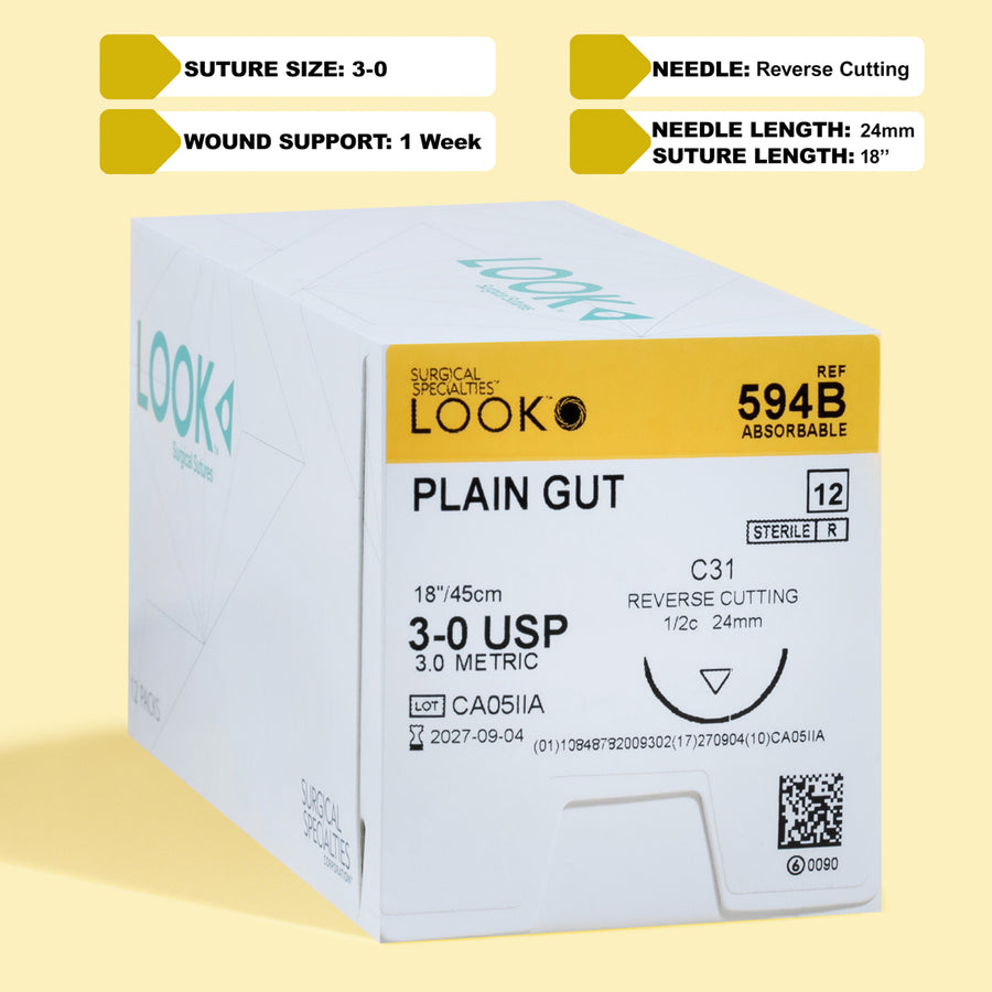 Fil de suture Catgut simple 3-0, aiguille C-31 de 45 cm | 594B