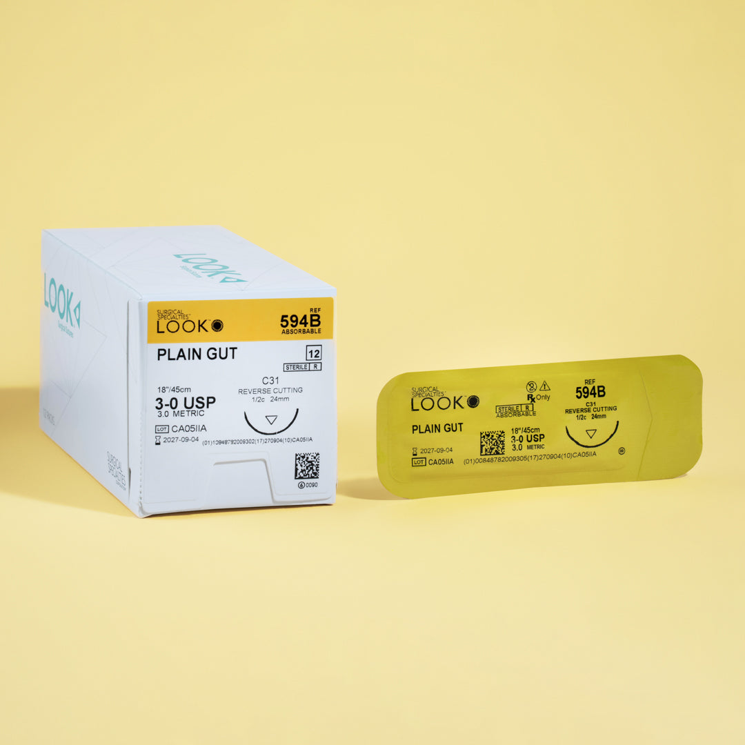 Box of 3-0 Plain Gut sutures with a C-31 reverse cutting needle, model 594B, emphasizing the 1-week wound support and featuring a QR code for efficient product verification. The package conveys the essential information about sterility and usage for successful surgical outcomes.
