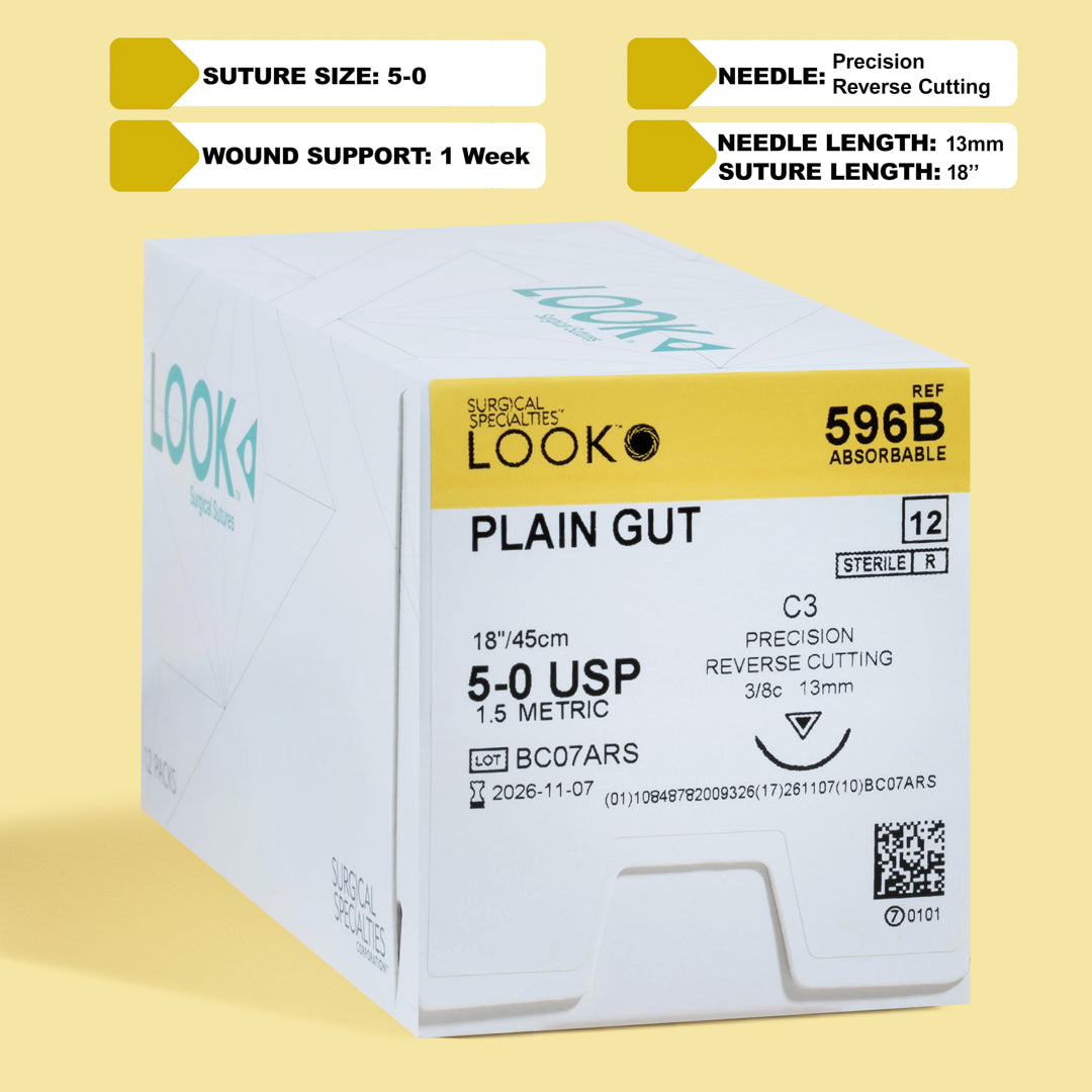 Box of 5-0 Plain Gut sutures with a C-3 precision reverse cutting needle, model 596B, detailing the 1-week wound support, marked with a QR code for instant identification. The packaging emphasizes the suture's sterile and absorbable qualities for effective surgical applications.