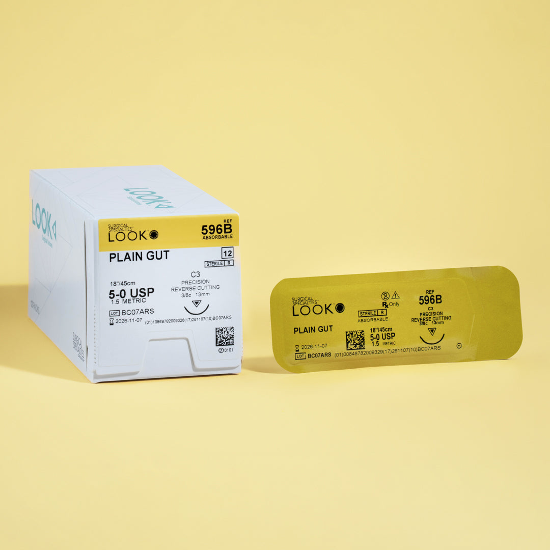 Box of 5-0 Plain Gut sutures with a C-3 precision reverse cutting needle, model 596B, detailing the 1-week wound support, marked with a QR code for instant identification. The packaging emphasizes the suture's sterile and absorbable qualities for effective surgical applications.