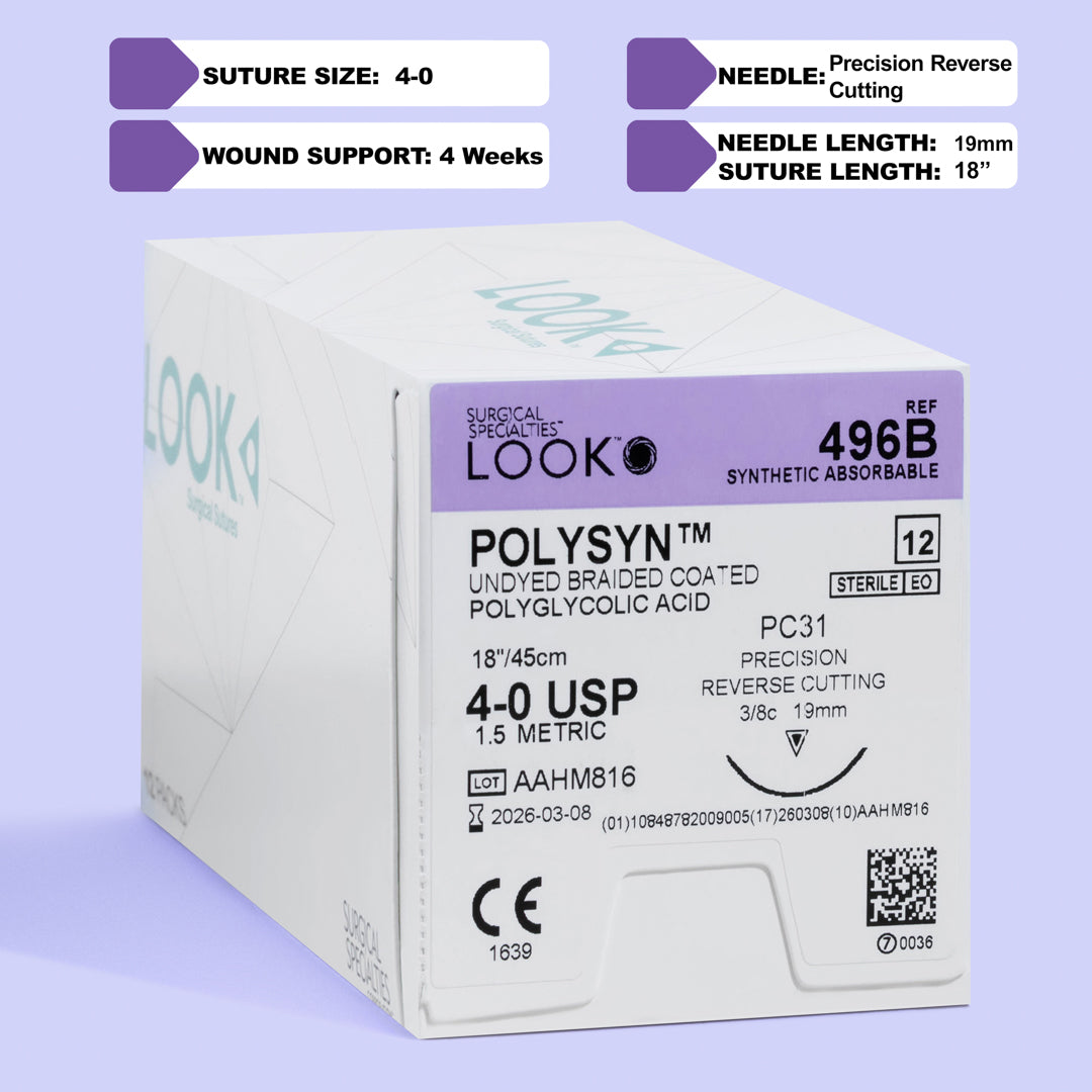 Image depicting a box of 4-0 POLYSYN undyed braided coated sutures with an 18-inch PC-31 precision reverse cutting needle, marked with the reference number 496B. The packaging emphasizes the product's synthetic absorbable nature, sterility, and compliance with medical standards, indicated by a CE mark and a QR code for quick information access.