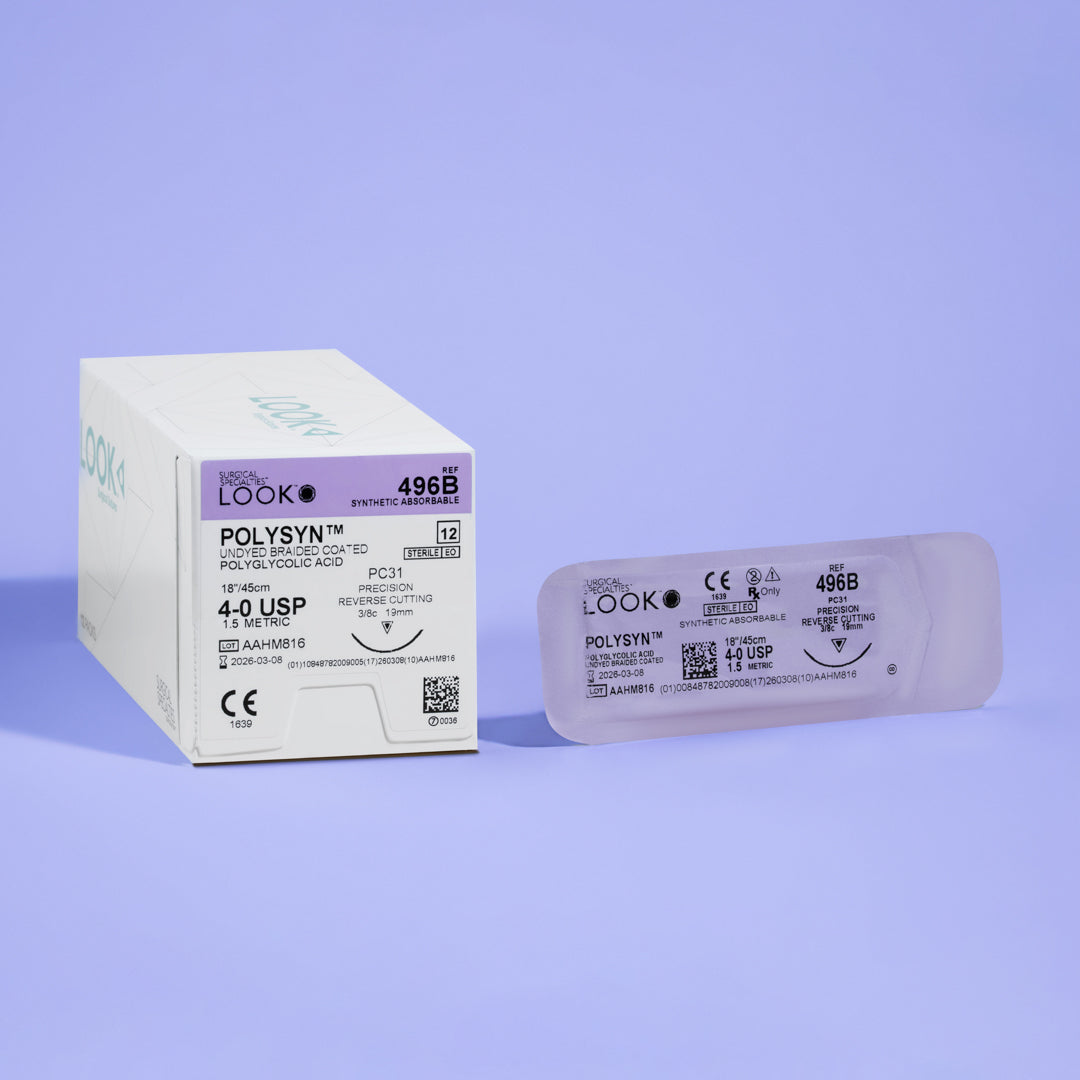 Image depicting a box of 4-0 POLYSYN undyed braided coated sutures with an 18-inch PC-31 precision reverse cutting needle, marked with the reference number 496B. The packaging emphasizes the product's synthetic absorbable nature, sterility, and compliance with medical standards, indicated by a CE mark and a QR code for quick information access.