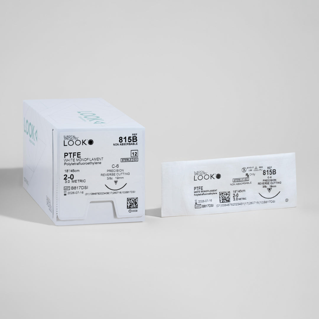 Image showcasing a box of 2-0 PTFE white monofilament sutures with a 18-inch C-6 precision reverse cutting needle, identified with the product number 815B. The package underlines the suture's non-absorbable feature, sterility assured by EO sterilization, and includes a QR code for streamlined access to product details.