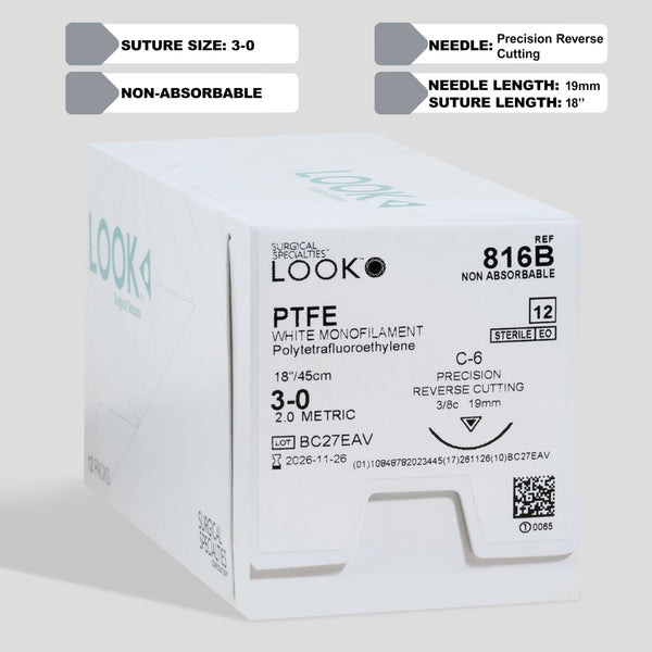 Box of 3-0 PTFE white monofilament sutures with an 18-inch C-6 precision reverse cutting needle. The product, identified as 816B, is highlighted for its non-absorbable nature, sterility ensured through EO sterilization, and features a QR code on the packaging for quick reference and verification, demonstrating its commitment to quality and safety in surgical applications.