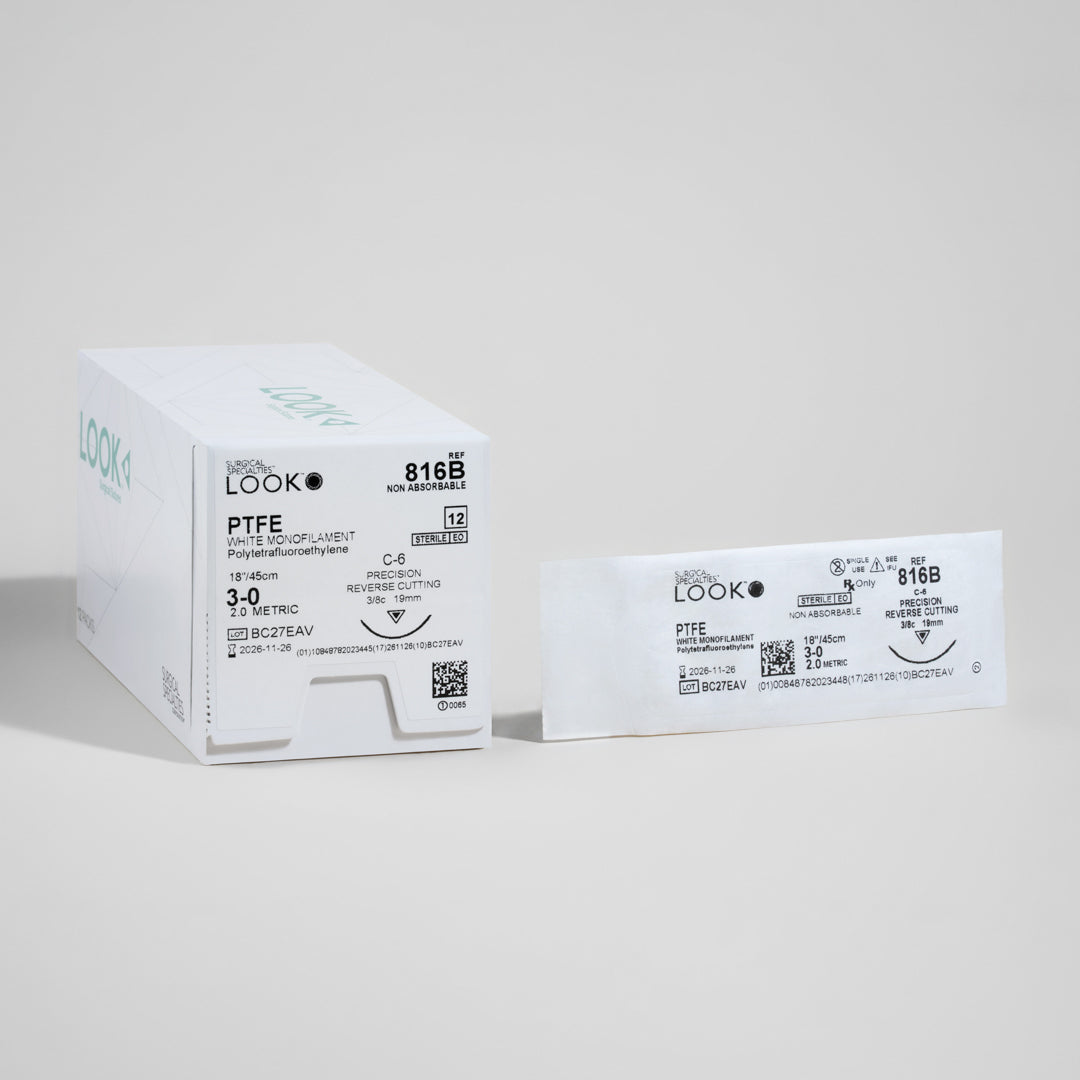 Box of 3-0 PTFE white monofilament sutures with an 18-inch C-6 precision reverse cutting needle. The product, identified as 816B, is highlighted for its non-absorbable nature, sterility ensured through EO sterilization, and features a QR code on the packaging for quick reference and verification, demonstrating its commitment to quality and safety in surgical applications.