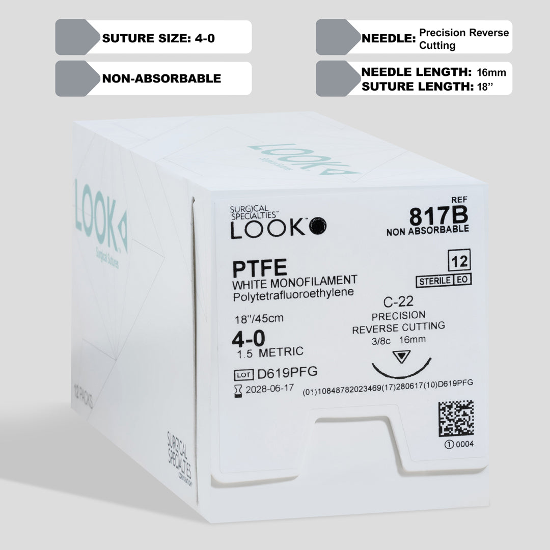 Image displays a box of 4-0 PTFE non-absorbable sutures equipped with a C-22 precision reverse cutting needle, underlining the product reference number 817B. The packaging highlights the sterile and non-cytotoxic nature of the sutures, with a QR code for instant access to detailed product information.