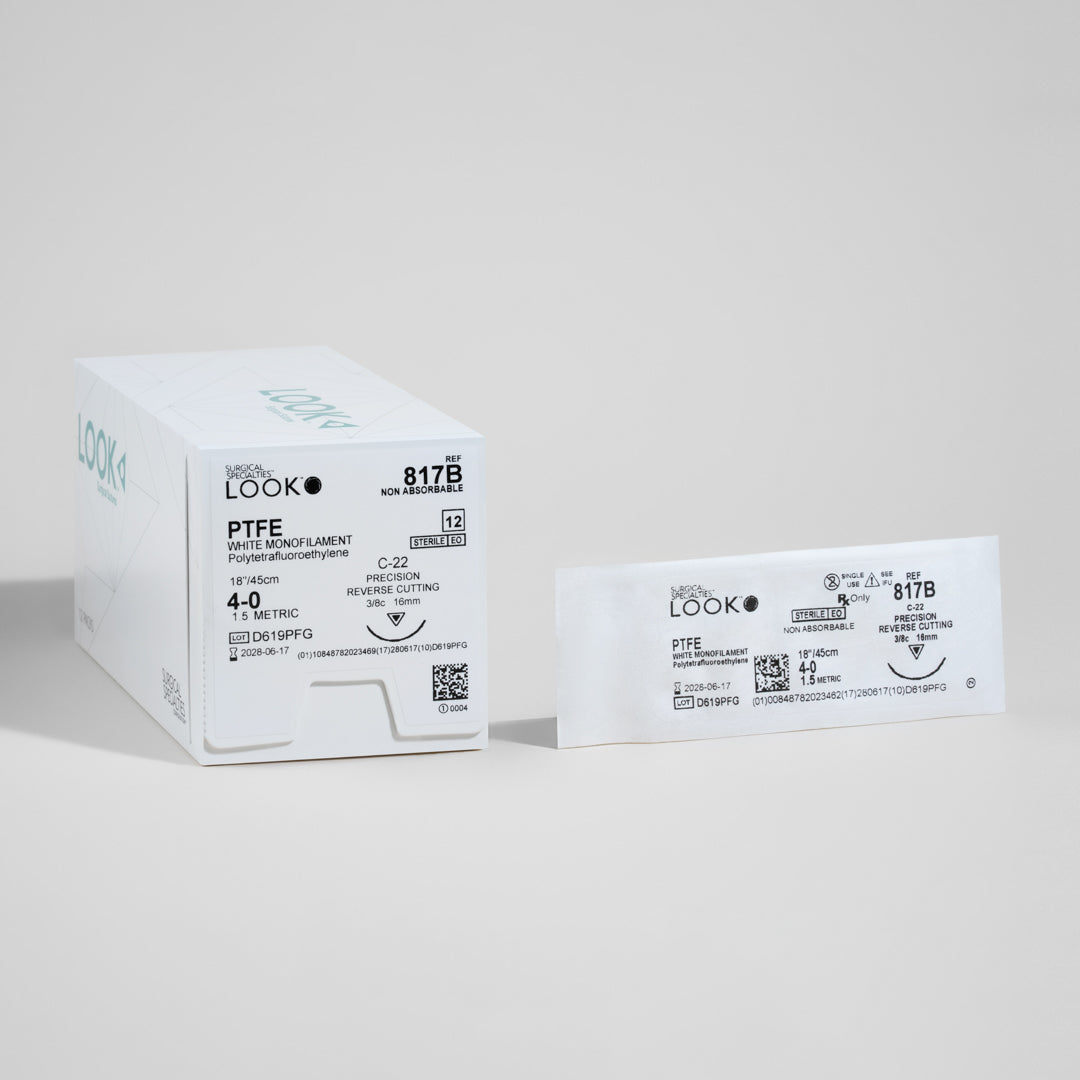 Image displays a box of 4-0 PTFE non-absorbable sutures equipped with a C-22 precision reverse cutting needle, underlining the product reference number 817B. The packaging highlights the sterile and non-cytotoxic nature of the sutures, with a QR code for instant access to detailed product information.