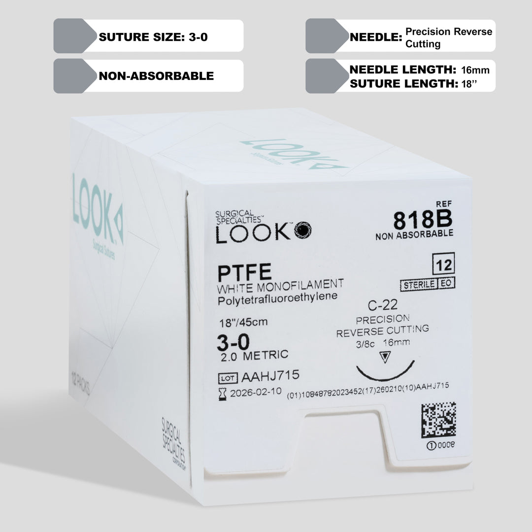 A box of 3-0 PTFE sutures with a C-22 precision reverse cutting needle, model 818B, designed for periodontal procedures, is highlighted. The image showcases the suture's non-absorbable nature and its suitability for dental surgeries, emphasizing the product's sterility and the inclusion of a QR code for quick reference.