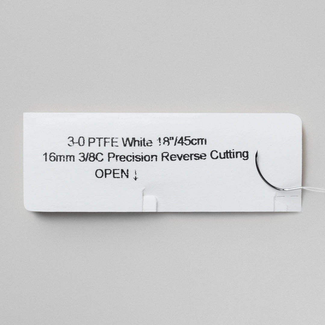 A box of 3-0 PTFE sutures with a C-22 precision reverse cutting needle, model 818B, designed for periodontal procedures, is highlighted. The image showcases the suture's non-absorbable nature and its suitability for dental surgeries, emphasizing the product's sterility and the inclusion of a QR code for quick reference.
