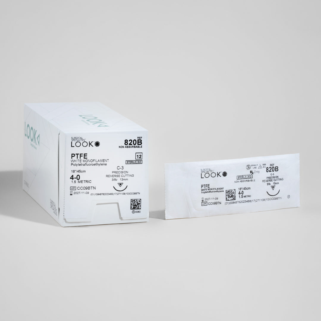 A box of 4-0 PTFE white monofilament sutures paired with a C-3 precision reverse cutting needle, reference number 820B. The packaging displays key information such as suture size, needle type, and sterility assurance with a QR code for detailed product traceability. The image highlights the suture’s suitability for delicate dental procedures, ensuring patient comfort and optimal healing.