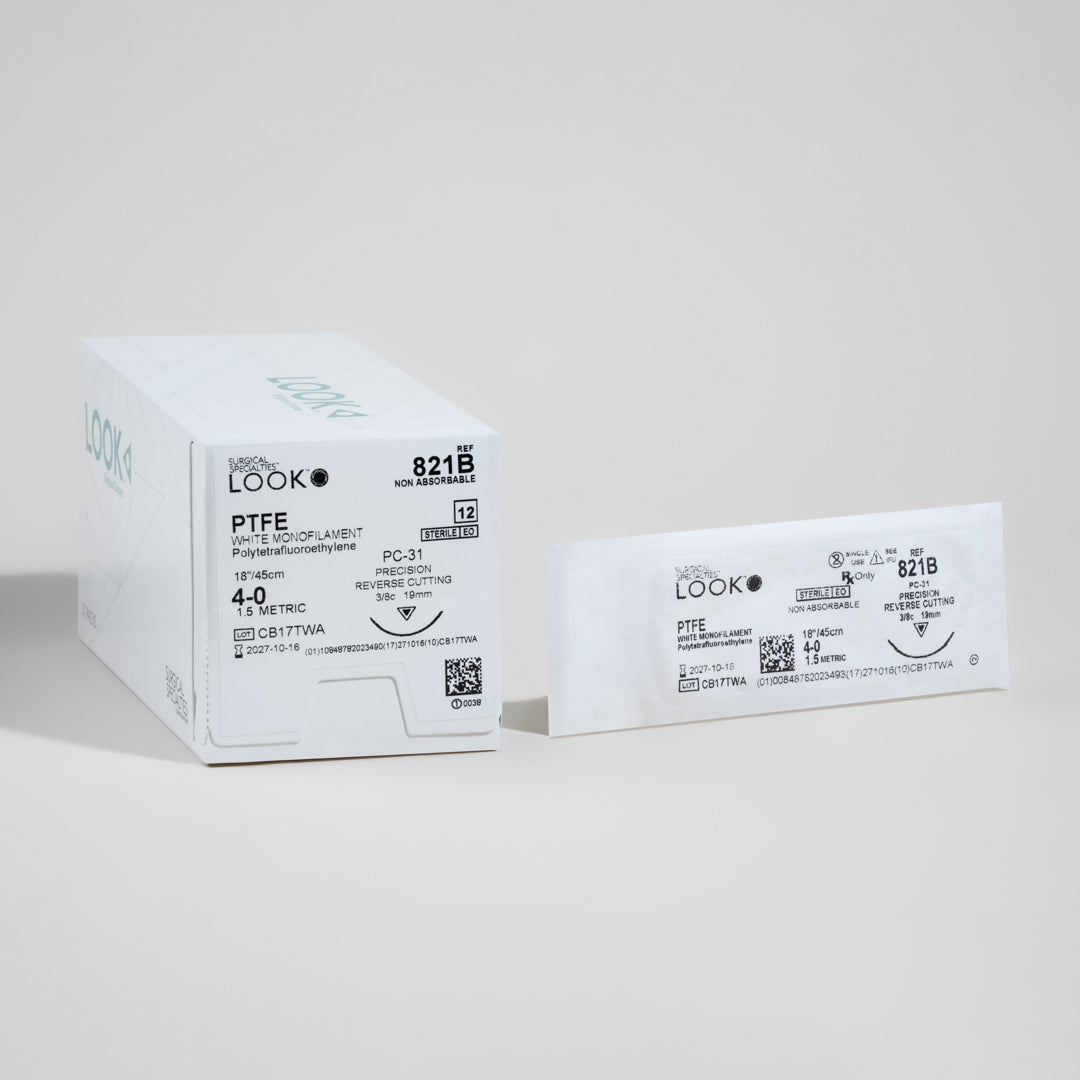 Image showing a box and individual package of 4-0 PTFE white sutures with an 18-inch PC-31 precision reverse cutting needle. The box is labeled with the reference number 821B, indicating the non-absorbable nature of the sutures, and includes a QR code for easy access to detailed product information. The sutures are designed for use in periodontal and dental surgery where prolonged suture support is required.