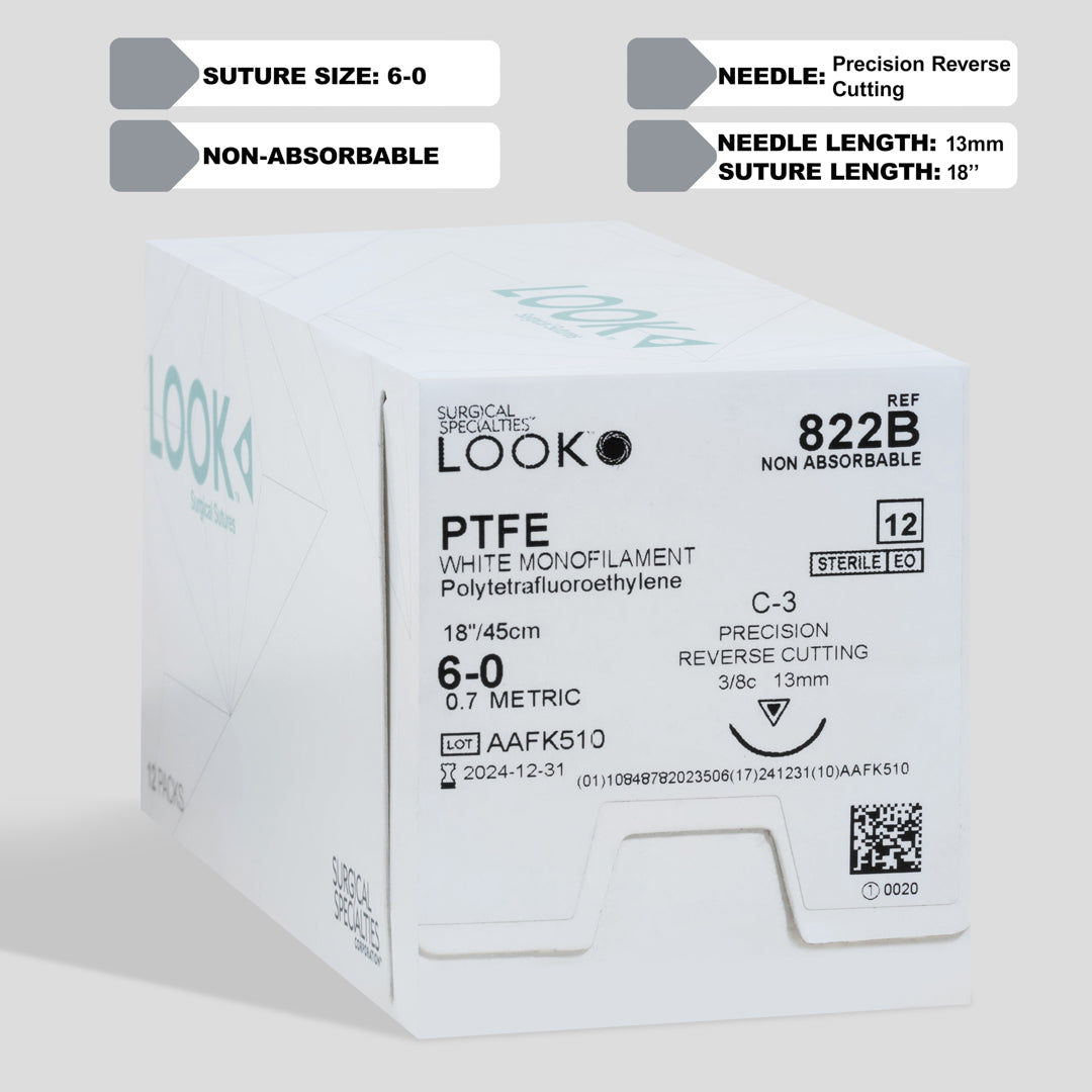 A box and individual pack of 6-0 PTFE white sutures featuring an 18-inch C-3 precision reverse cutting needle, labeled with the product code 822B, denoting the suture's non-absorbable quality. The packaging includes a QR code for instant access to comprehensive product details, ensuring a trusted choice for prolonged tissue support in dental and periodontal surgeries.
