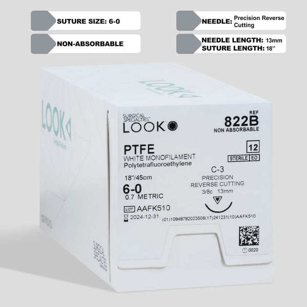 A box and individual pack of 6-0 PTFE white sutures featuring an 18-inch C-3 precision reverse cutting needle, labeled with the product code 822B, denoting the suture's non-absorbable quality. The packaging includes a QR code for instant access to comprehensive product details, ensuring a trusted choice for prolonged tissue support in dental and periodontal surgeries.