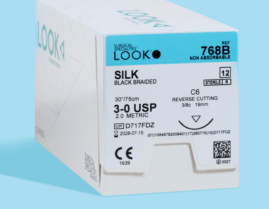 Suture en soie tressée noire 3-0, aiguille C-6 de 76 cm | 768B