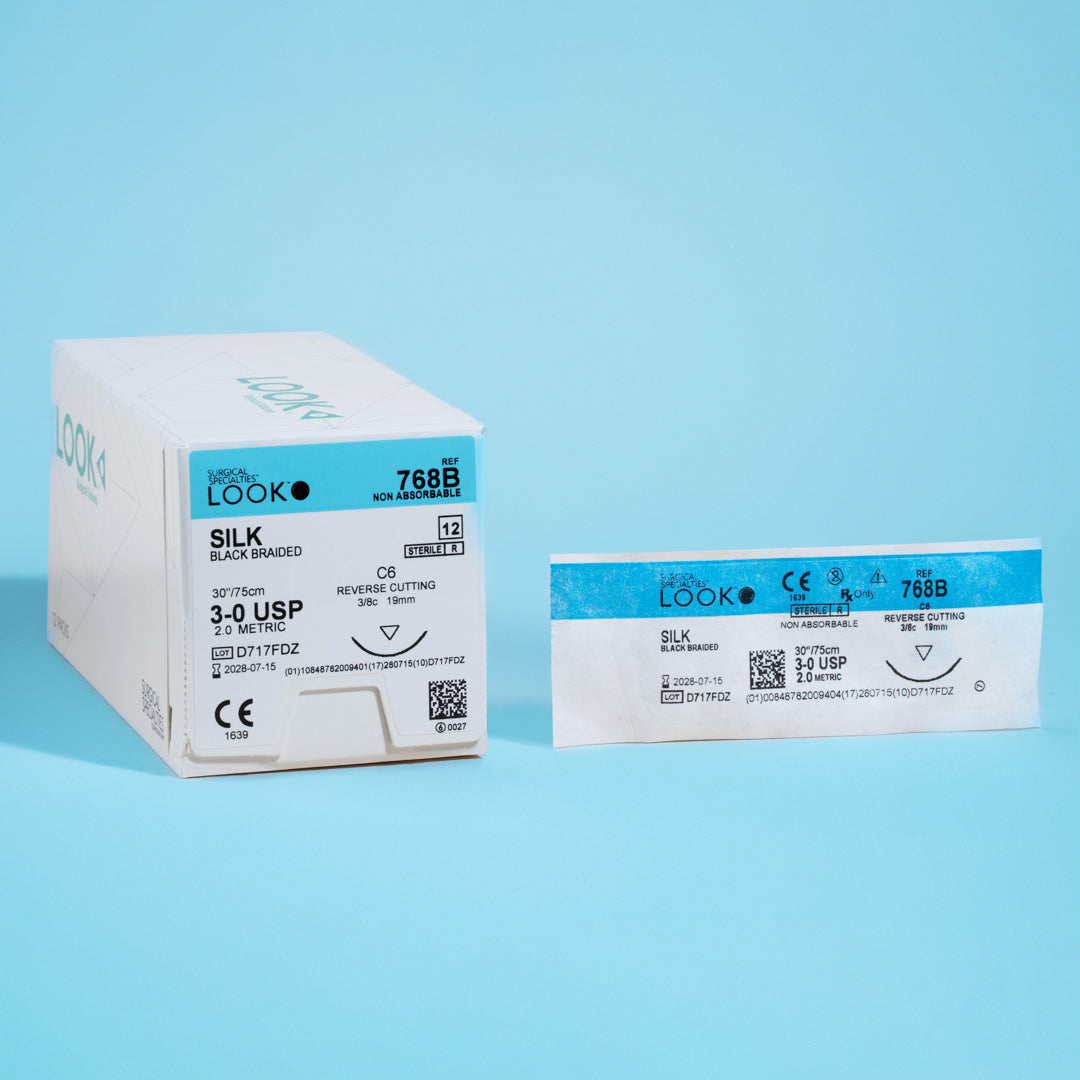An image showing a box of 3-0 SILK black braided sutures with a 30-inch C-6 reverse cutting needle. The package, displaying reference number 768B, highlights the non-absorbable, black braided silk material and includes a QR code for immediate product details. Ideal for professionals in need of durable sutures for a range of surgical applications.