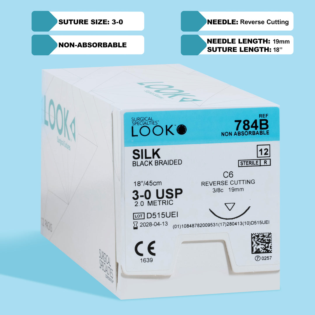 An image of a box and individual packet of 3-0 silk black braided sutures with an 18-inch C-6 reverse cutting needle. The box is labeled with reference number 784B, indicating the non-absorbable and sterile nature of the sutures, certified by a CE mark and a QR code for detailed product information. These sutures are tailored for surgeries demanding strong, lasting suture material with excellent knot security.
