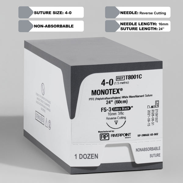 An image showcasing a box of 4-0 PTFE MONOTEX 24" FS-3 Cobra Black sutures. The packaging highlights the suture's specifications, including the unique FS-3 Cobra Black needle and the PTFE white monofilament thread, emphasizing its non-absorbable nature and specialized application in surgical procedures. The box also features the reference number T8001C, underscoring its quality and reliability for professional use.