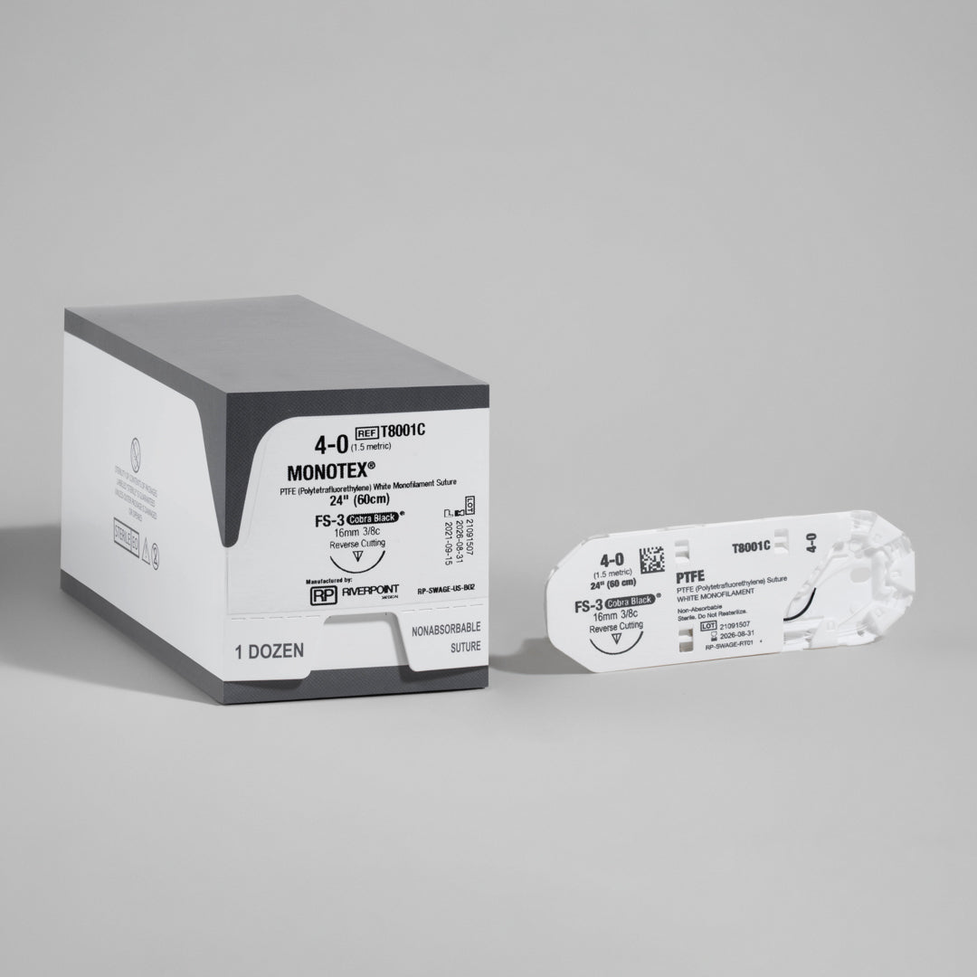 An image showcasing a box of 4-0 PTFE MONOTEX 24" FS-3 Cobra Black sutures. The packaging highlights the suture's specifications, including the unique FS-3 Cobra Black needle and the PTFE white monofilament thread, emphasizing its non-absorbable nature and specialized application in surgical procedures. The box also features the reference number T8001C, underscoring its quality and reliability for professional use.