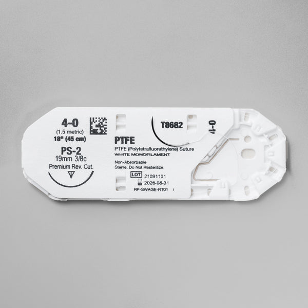 Image displaying a box of 4-0 PTFE MONOTEX 18" PS-2 Premium Reverse Cutting sutures. The packaging is marked with the reference T8682, showcasing the suture's specifications, including size, length, and the innovative PS-2 needle design. This suture is highlighted for its non-absorbable nature, tailored for surgeries requiring long-lasting tissue approximation and minimal tissue response.