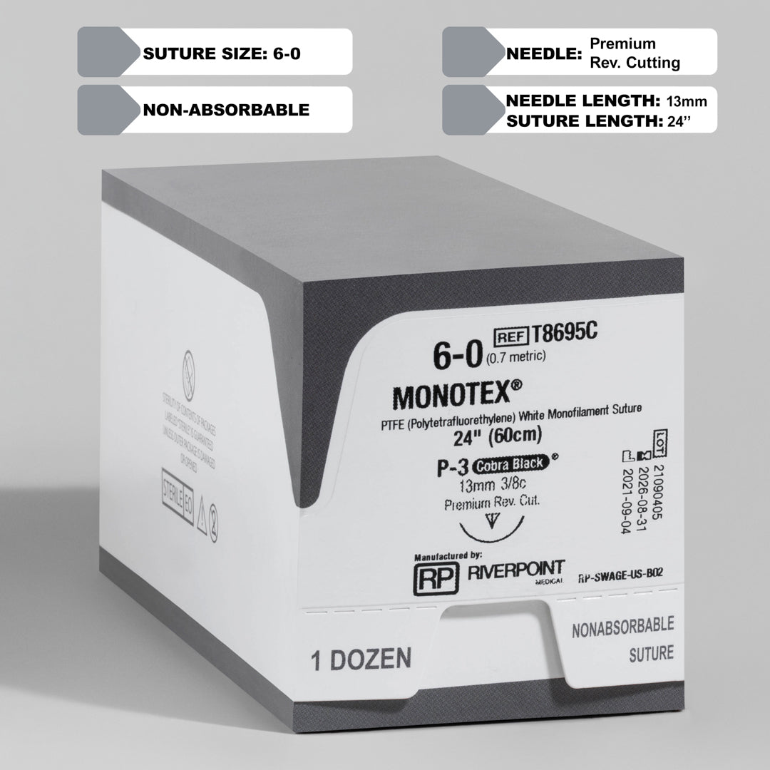 Image showcasing a box of 6-0 MONOTEX 24" P-3 Premium Reverse Cutting sutures. The packaging, labeled with reference T8695C, details the suture's specifications such as its size, length, and the specialized P-3 needle. This suture is emphasized for its non-absorbable nature and is presented as an optimal choice for surgeries demanding precision and durability, with a focus on minimizing tissue reaction.