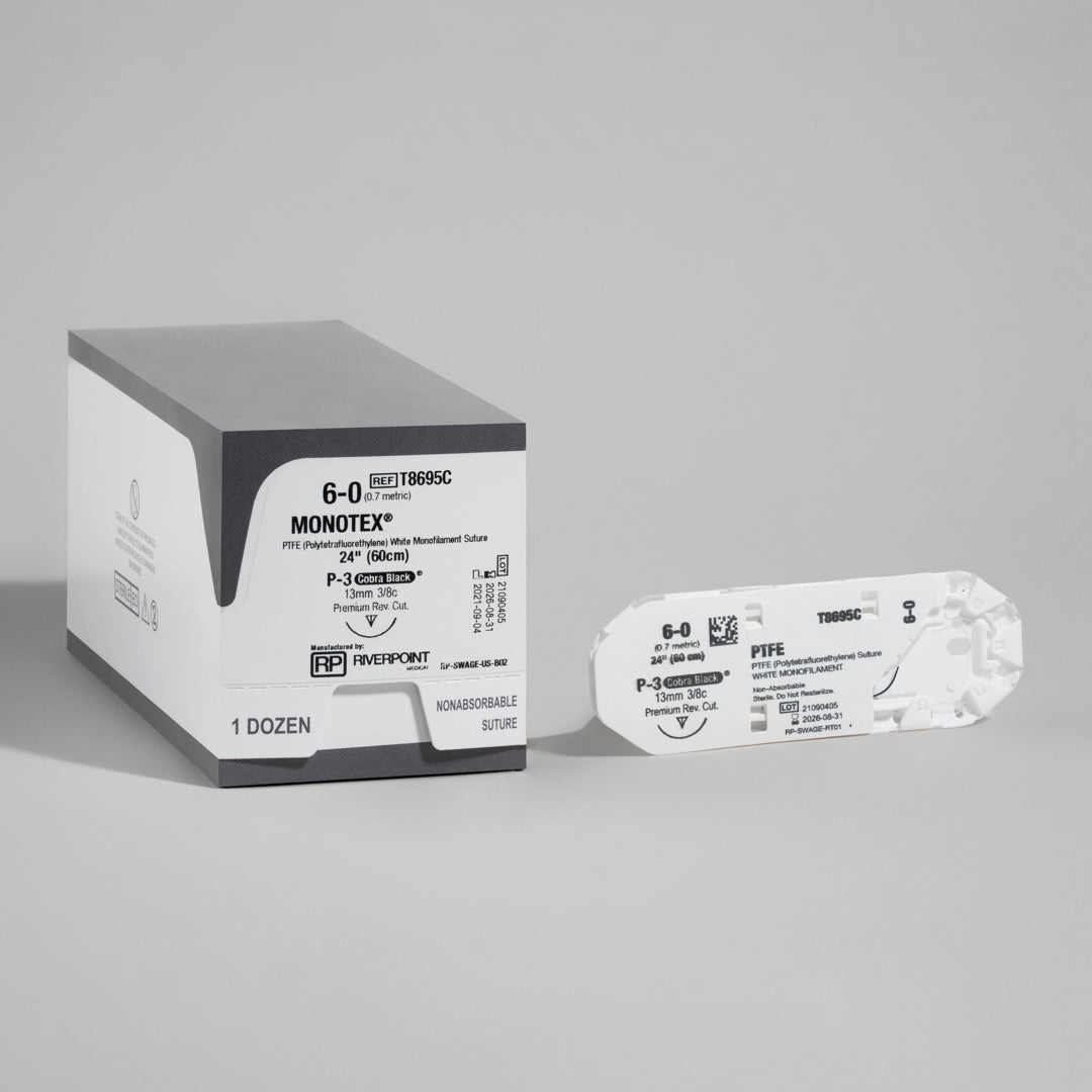 Image showcasing a box of 6-0 MONOTEX 24" P-3 Premium Reverse Cutting sutures. The packaging, labeled with reference T8695C, details the suture's specifications such as its size, length, and the specialized P-3 needle. This suture is emphasized for its non-absorbable nature and is presented as an optimal choice for surgeries demanding precision and durability, with a focus on minimizing tissue reaction.