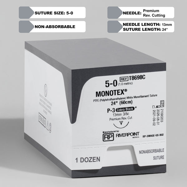 A box of 5-0 MONOTEX with a 24-inch P-3 Cobra Black premium reverse cutting needle, highlighting its PTFE monofilament nature for non-absorbable applications. The packaging indicates the reference T8698C, emphasizing its specific design for dental and implant surgeries, manufactured by RIVERPOINT.
