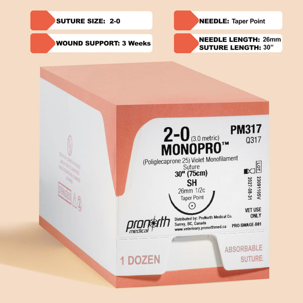 An image displaying a box and individual pack of 2-0 MONOPRO Violet 30" SH Needle sutures, prominently labeled with the product reference PM317. The box details include suture size, length, and needle type, emphasizing the product's suitability for veterinary use. It highlights the suture's absorbable nature and underscores the MONOPRO brand's dedication to providing high-quality suture materials for veterinary surgical needs.