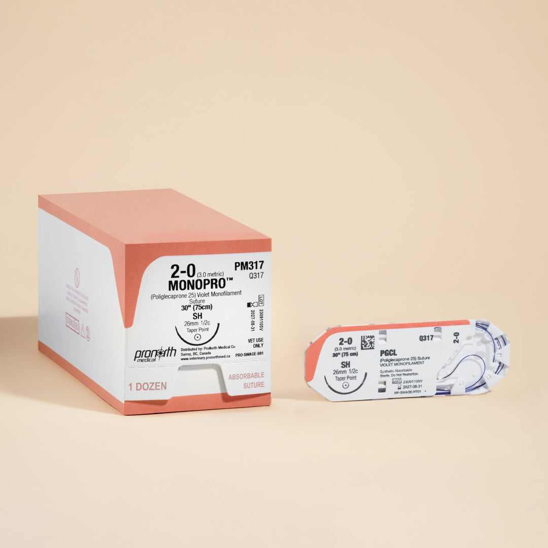 An image displaying a box and individual pack of 2-0 MONOPRO Violet 30" SH Needle sutures, prominently labeled with the product reference PM317. The box details include suture size, length, and needle type, emphasizing the product's suitability for veterinary use. It highlights the suture's absorbable nature and underscores the MONOPRO brand's dedication to providing high-quality suture materials for veterinary surgical needs.