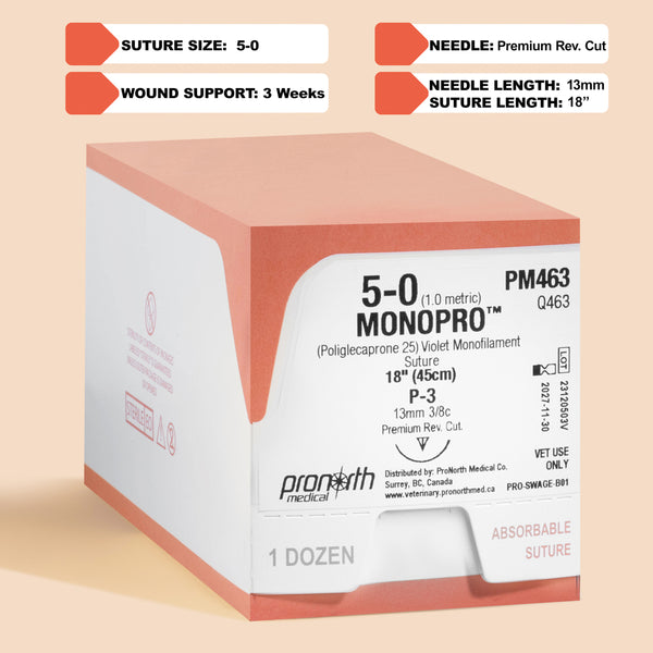 A box and individual packaging of 5-0 MONOPRO violet monofilament sutures, with an 18-inch P-3 premium reverse cutting needle. The box, labeled PM463, highlights the suture's absorbable nature and is specifically marked for veterinary use only. The packaging is designed to ensure sterility and includes detailed product specifications for easy reference, making it an essential tool for veterinary professionals requiring high-quality, reliable suturing materials.