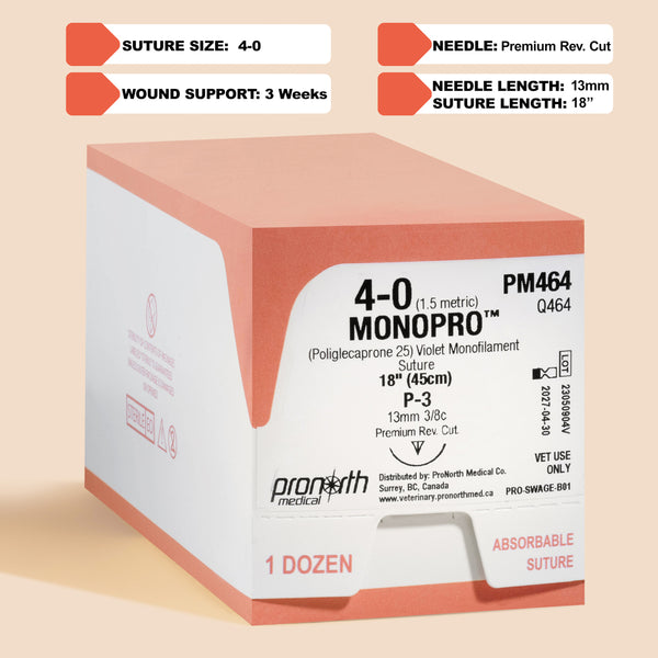 Image depicting a box and individual package of 4-0 MONOPRO Violet 18" P-3 Needle sutures. The box is marked with the reference number PM464, highlighting the absorbable nature of the sutures, suitable for veterinary use only. The suture is presented as a preferred choice for surgeries requiring optimal handling, wound support, and minimal tissue reaction.