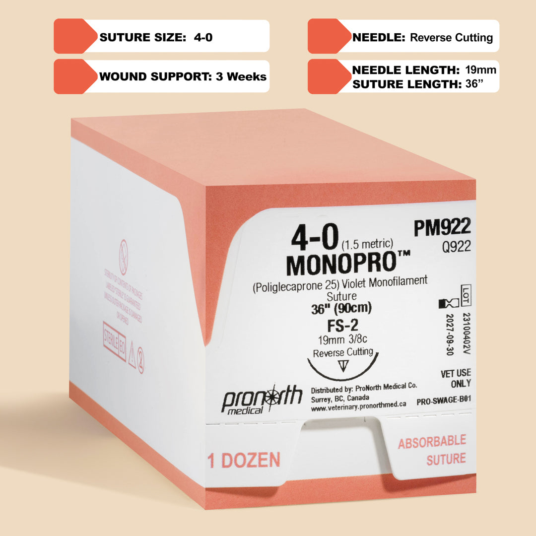 Image showcasing a box and individual packaging of 4-0 MONOPRO Violet 36" FS-2 Needle sutures. The box, marked with the reference PM922, highlights the suture's specifications, emphasizing its absorbable nature and suitability for veterinary use. This suture is presented as an ideal option for surgeries needing high-quality, reliable suturing material for effective wound management.