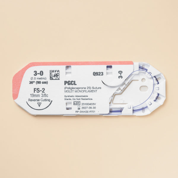 Displaying a box and an individual pack of 3-0 MONOPRO Violet 36" FS-2 Needle sutures, labeled with the reference PM923. The packaging highlights the suture's key specifications and its absorbable nature, making it clear that it is designed exclusively for veterinary applications. The image underscores MONOPRO's commitment to providing high-quality suture materials for surgical procedures requiring precision, durability, and minimal tissue reaction.