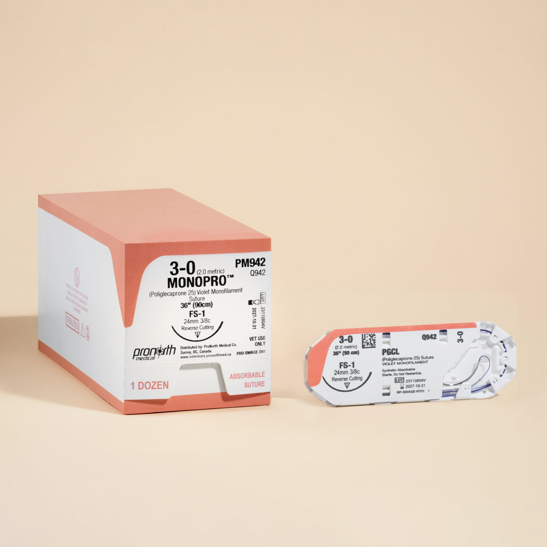 Showcasing a box and an individual pack of 3-0 MONOPRO Violet 36" FS-1 Needle sutures. The box, clearly marked with the product reference PM942, details the suture’s specifications, emphasizing its absorbable nature and designed use in veterinary medicine. This packaging is tailored to highlight MONOPRO’s advantages for surgical procedures that demand high-quality, reliable suturing materials.