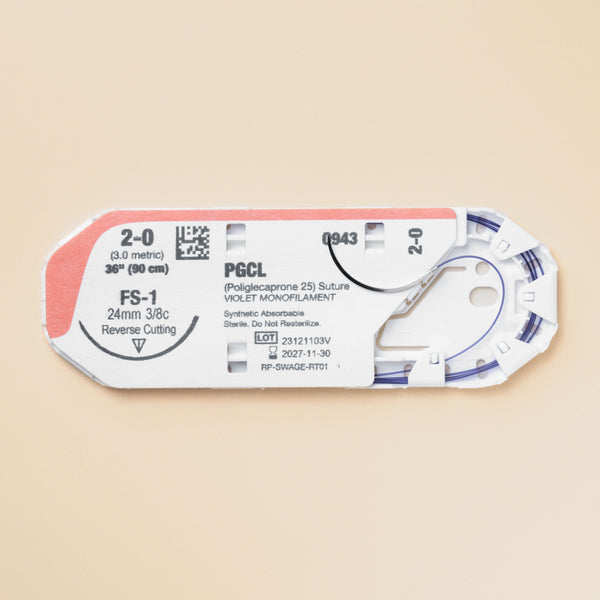 A display featuring a box and an individual pack of 2-0 MONOPRO Violet 36" FS-1 Needle sutures. The box is marked with the product reference PM943 and details the suture's specifications, such as size, length, and needle type. The packaging underlines its absorbable nature and suitability for veterinary use, highlighting MONOPRO's role in delivering high-quality suture materials for surgical precision and patient care.