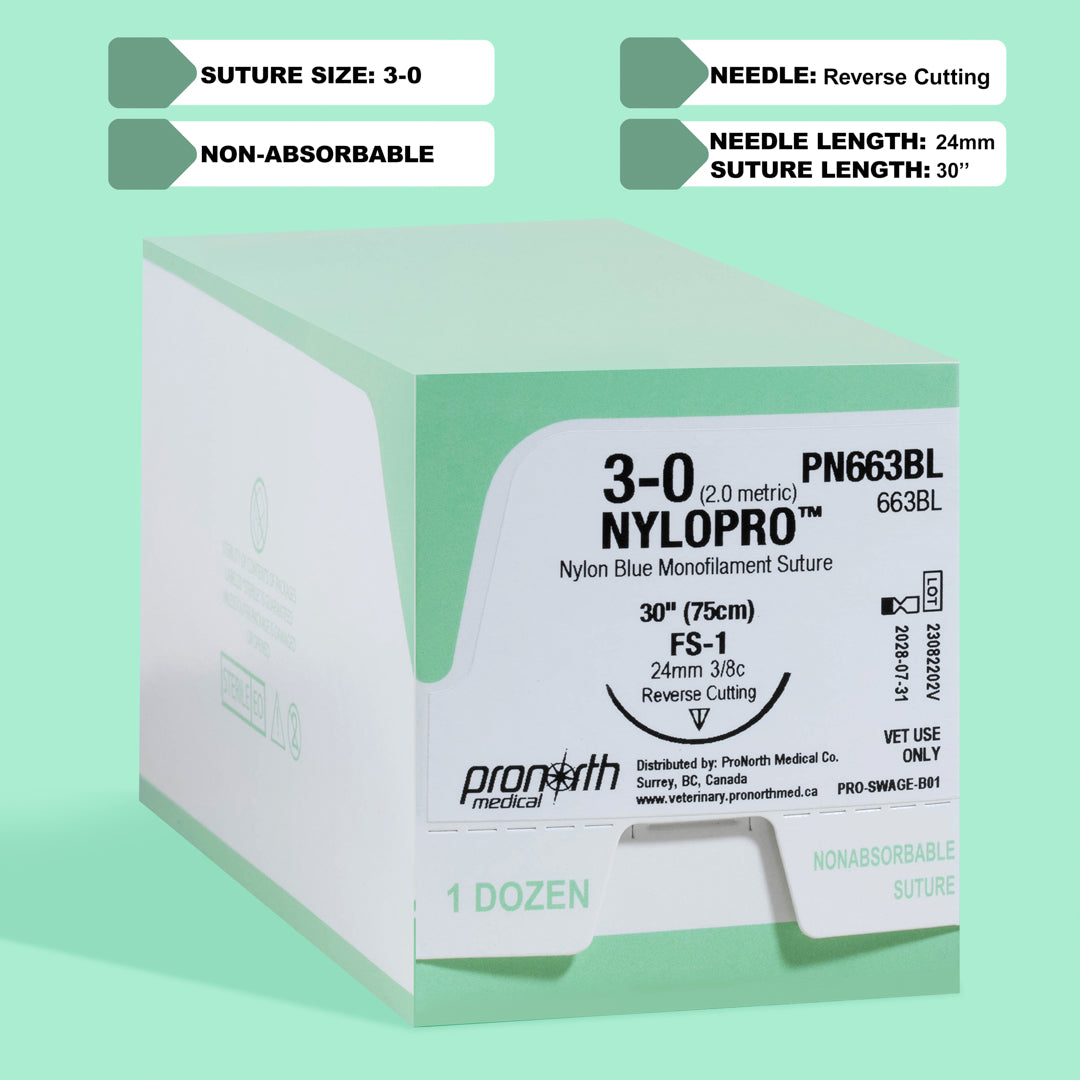 A box of 3-0 NYLOPRO with a 30-inch FS-1 reverse cutting needle, showcasing the blue nylon monofilament suture designed for non-absorbable surgical applications. The packaging is marked with the reference PN663BL, indicating its specifications and the manufacturer's details, emphasizing its suitability for veterinary use.