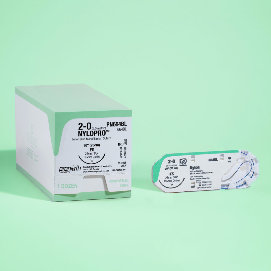 A box of 2-0 NYLOPRO with a 30-inch FS reverse cutting needle, showcasing the blue nylon monofilament suture for non-absorbable applications. The packaging, labeled with reference PN664BL, highlights its design for veterinary use, underlining ProNorth Medical's commitment to providing high-quality surgical sutures.