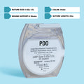 A clear package of PDO suture size 0 (Ep 3.5), showing a 25m violet monofilament thread made of polydioxanone for veterinary use. The label emphasizes its absorbable nature, extended wound support of 6 weeks, and compliance with USP &amp; EP standards. Manufactured by RIVERPOINT in Portland, OR, USA, highlighting its premium quality and suitability for various surgical applications.