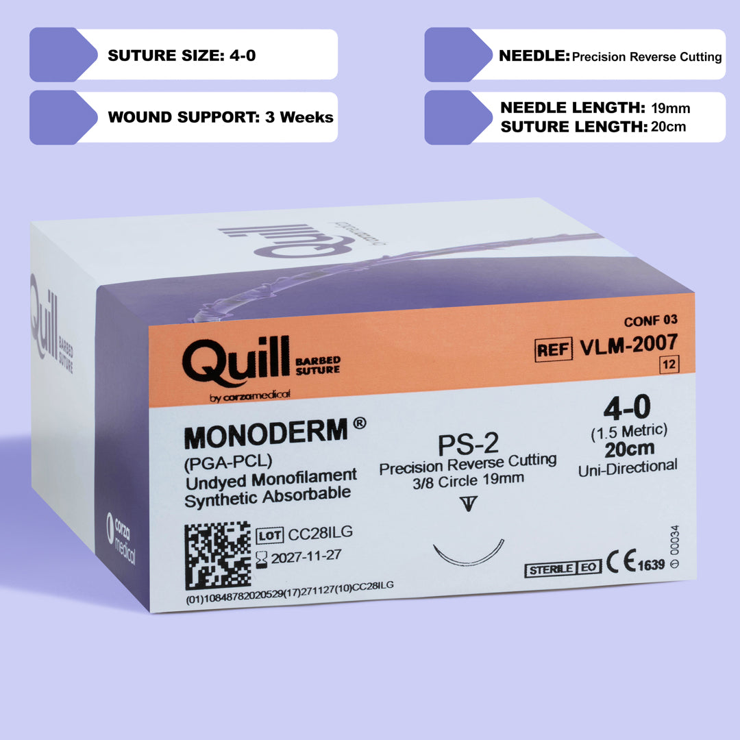 A box of Quill Monoderm 4-0 barbed sutures, with a purple and orange design, labeled for wound support up to 3 weeks. The suture is made from undyed PGA-PCL monofilament material and comes with a 19mm PS-2 precision reverse cutting needle. The box indicates a suture length of 20cm and provides a lot number and sterilization information.