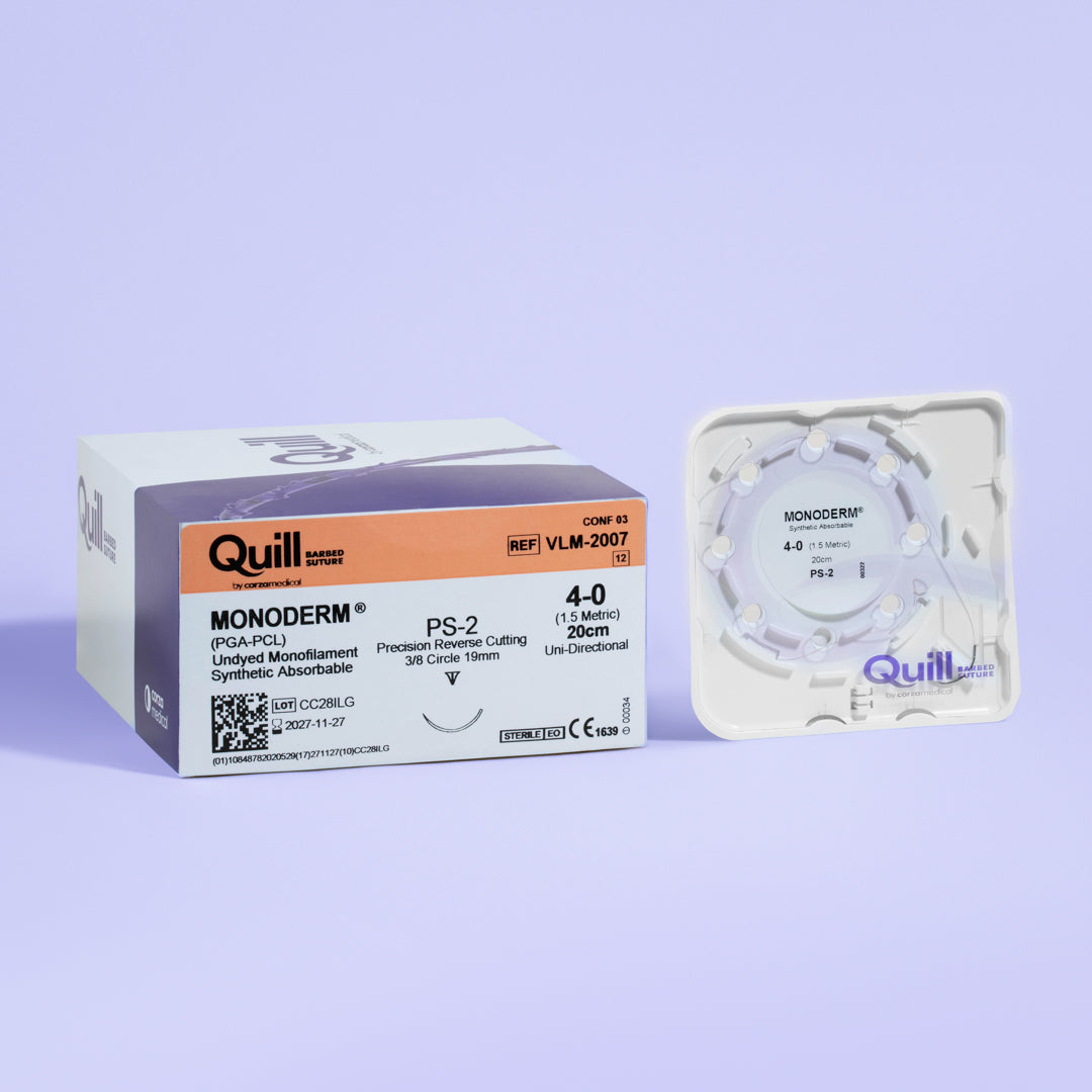 A box of Quill Monoderm 4-0 barbed sutures, with a purple and orange design, labeled for wound support up to 3 weeks. The suture is made from undyed PGA-PCL monofilament material and comes with a 19mm PS-2 precision reverse cutting needle. The box indicates a suture length of 20cm and provides a lot number and sterilization information."