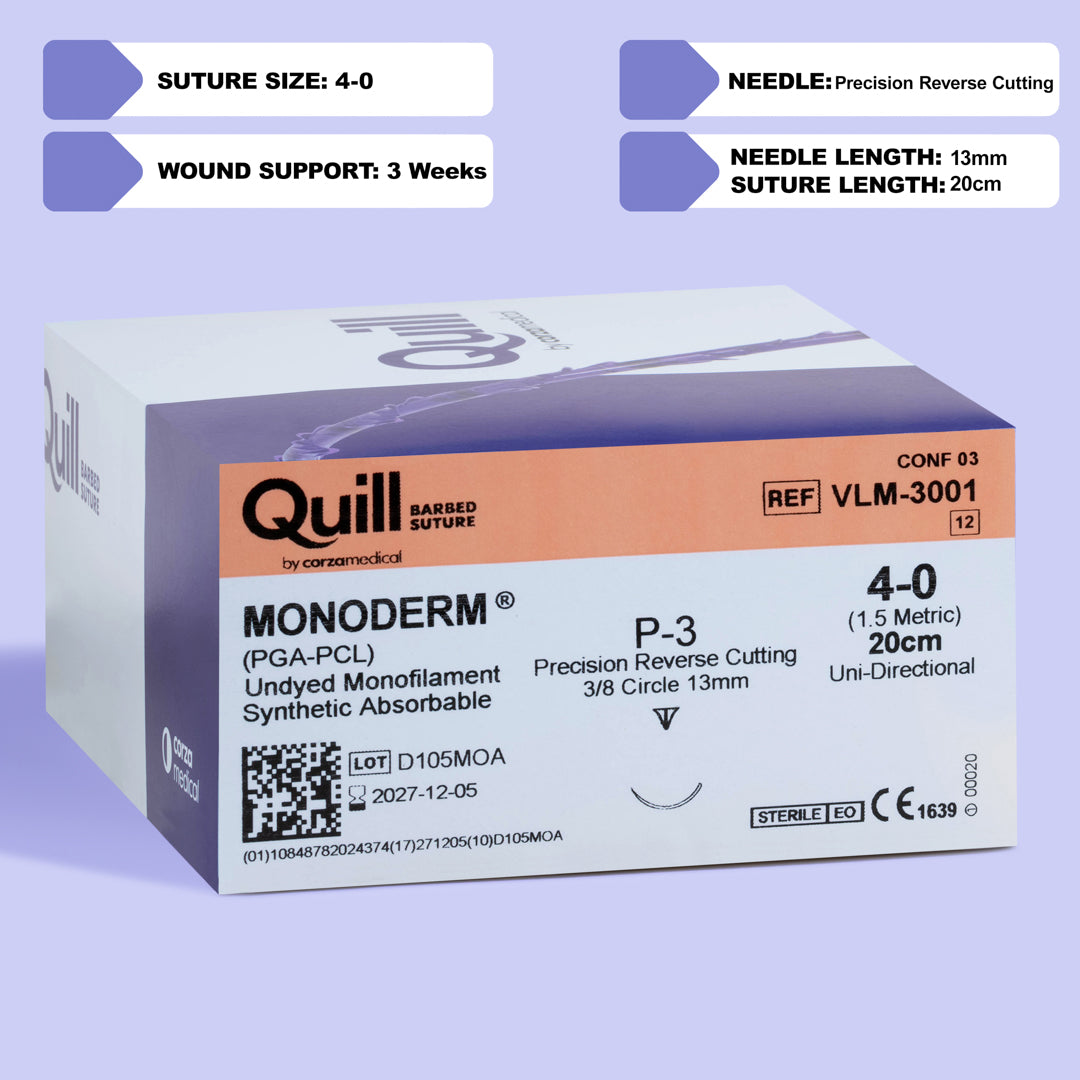Quill Monoderm VLM-3001 4-0 suture box, white with orange and purple accents, marking 20cm suture length and 13mm P-3 precision reverse cutting needle. Sutures are PGA-PCL monofilament, absorbable, with a 3-week wound support time, EO sterilized.