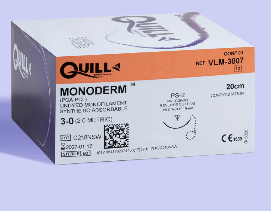Suture Monoderm 3-0 avec ardillons, non teintée, 20 cm aiguille PS-2 | VLM-3007