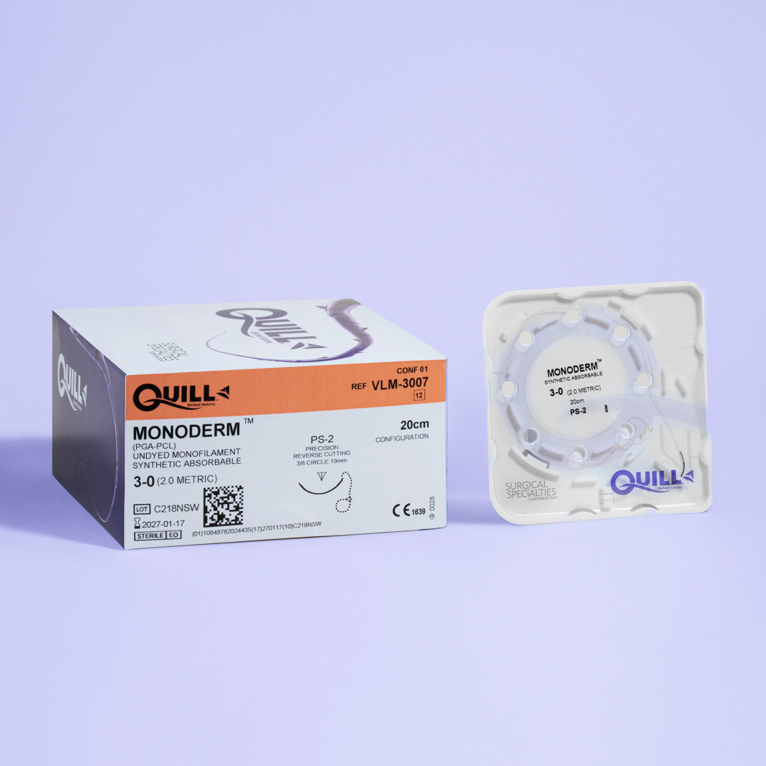 Image of the Quill Monoderm VLM-3007 suture box, prominently displaying its 3-0 suture size and 20cm length. The box, with a distinctive orange and purple color scheme, indicates the material as PGA-PCL undyed monofilament and the needle as PS-2 precision reverse cutting, 19mm in length. Information about the suture's 3-week wound support and Ethylene Oxide sterilization is also visible. The packaging includes a QR code, lot number, and regulatory markings for medical use.