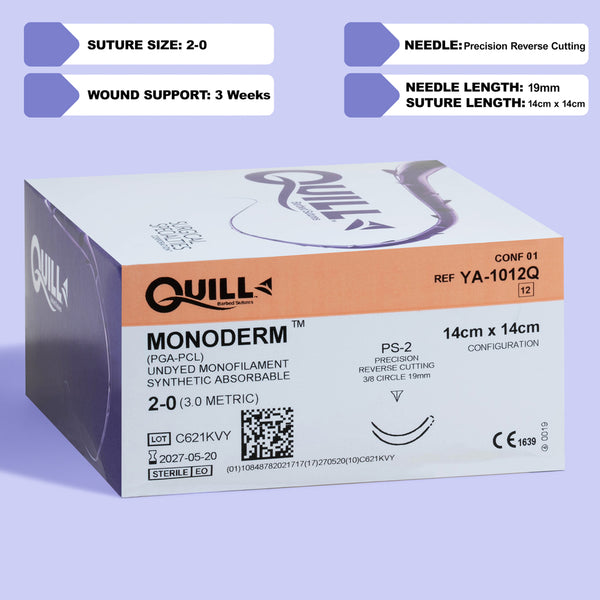 Quill Monoderm box with 2-0 (3.0 metric) suture size and unique 14cm x 14cm length, featuring a PS-2 precision reverse cutting needle. The undyed PGA-PCL monofilament suture is absorbable, with a 3-week wound support capability, sterilized using Ethylene Oxide, and packaged with 12 sutures per box.