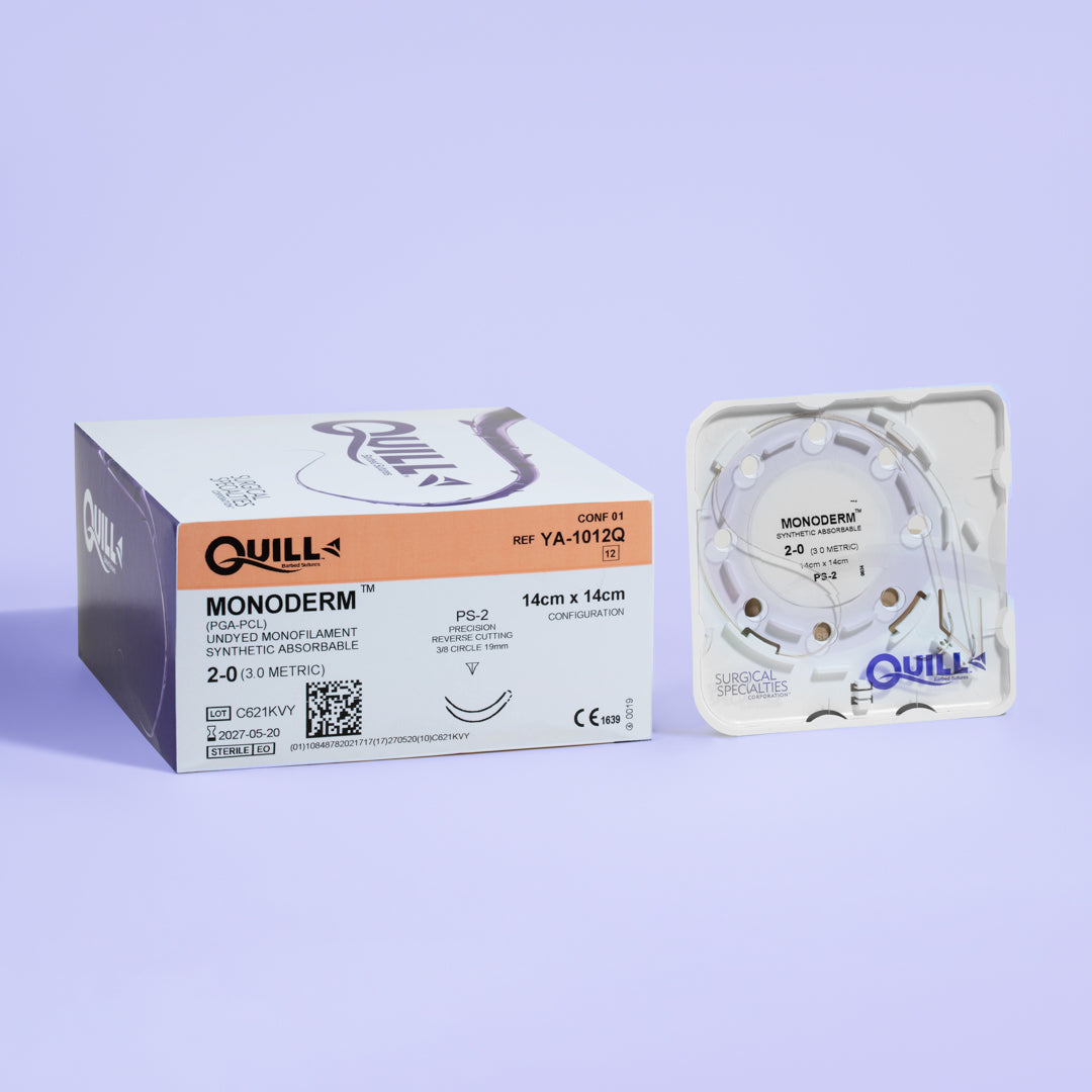 Quill Monoderm box with 2-0 (3.0 metric) suture size and unique 14cm x 14cm length, featuring a PS-2 precision reverse cutting needle. The undyed PGA-PCL monofilament suture is absorbable, with a 3-week wound support capability, sterilized using Ethylene Oxide, and packaged with 12 sutures per box.