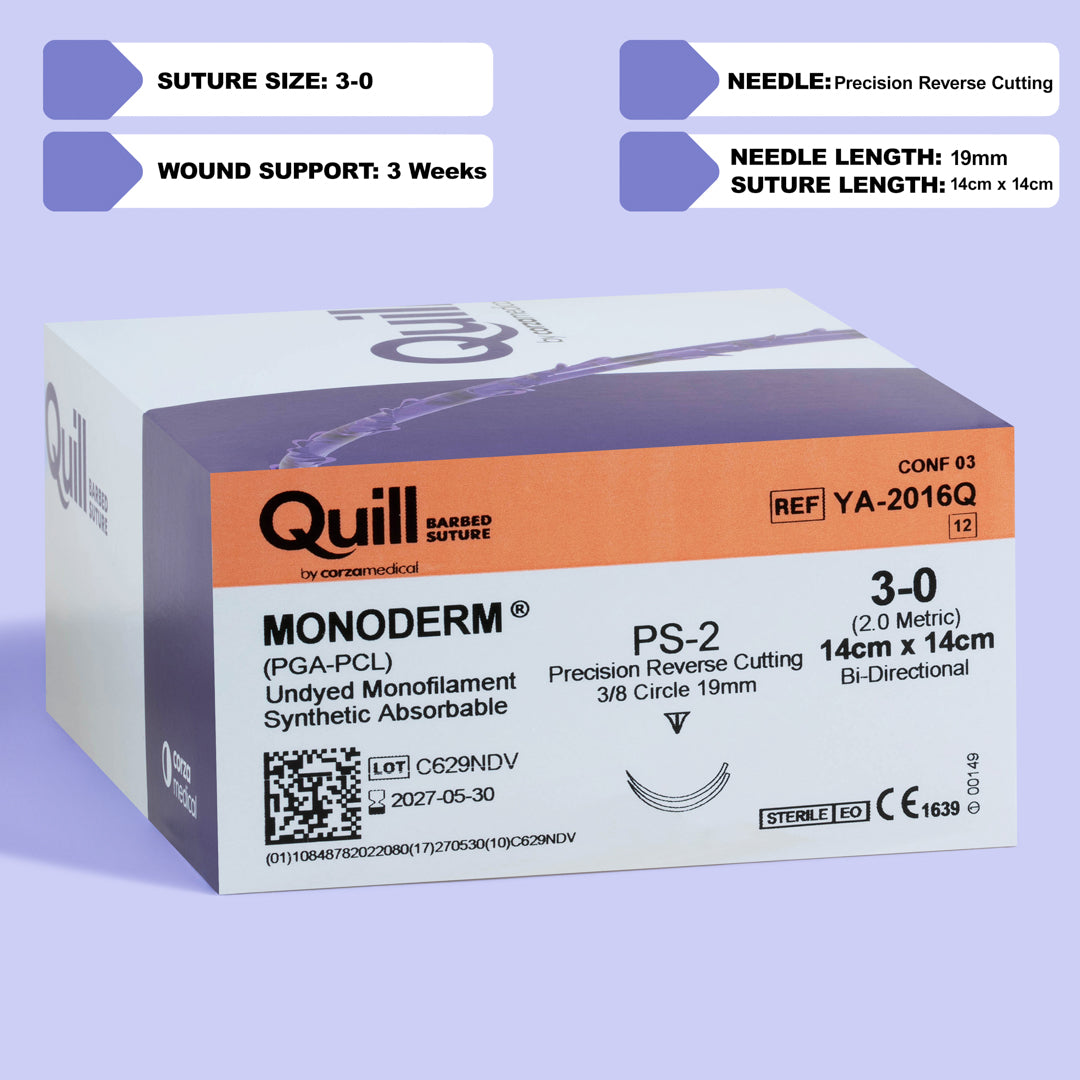 The image displays a box of Quill Monoderm 3-0 sutures, underscoring their advanced bi-directional barbed technology for precise wound closure. The suture is indicated for delicate tissue repair, with a 19mm precision reverse cutting needle for minimal tissue trauma. The packaging highlights important information such as the suture and needle size, the length of the suture, lot number, sterilization method, and regulatory compliance marks.