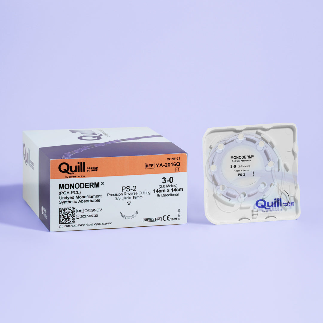 The image displays a box of Quill Monoderm 3-0 sutures, underscoring their advanced bi-directional barbed technology for precise wound closure. The suture is indicated for delicate tissue repair, with a 19mm precision reverse cutting needle for minimal tissue trauma. The packaging highlights important information such as the suture and needle size, the length of the suture, lot number, sterilization method, and regulatory compliance marks.