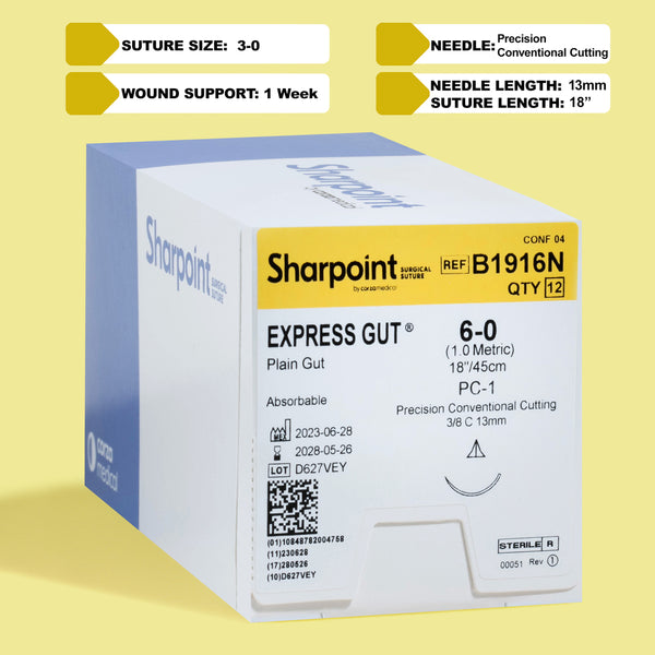 SharpPoint Express Gut 3-0 plain gut suture package, reference B1916N, displays 12 sutures, each 18 inches long, with a PC-1 precision conventional cutting needle, ideal for dermatologists, plastic surgeons, and emergency care professionals. The suture, known for its 1-week rapid absorption rate, is made from natural collagen, ensuring a smooth suturing experience and quick patient recovery. 