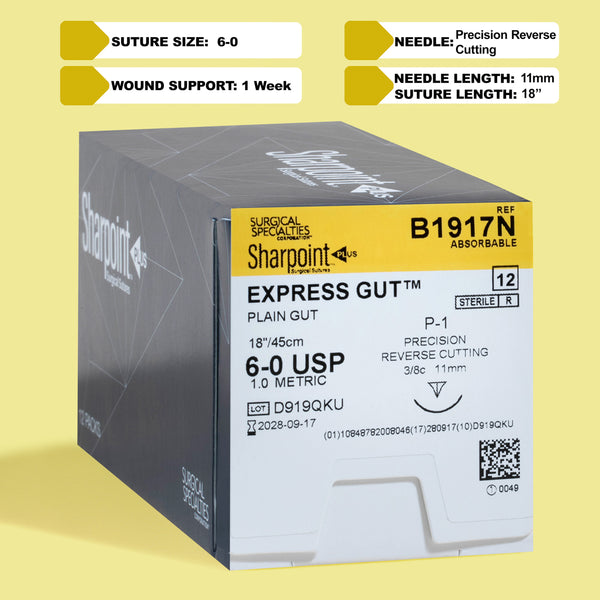 Box of SharpPoint Express Gut 6-0 plain gut sutures, reference B1917N, showcases the P-1 precision reverse cutting needle, 11mm in length, designed for high-precision surgeries. Each suture is 18 inches long, tailored for quick absorption and minimal patient discomfort. The product is ideal for specialists in ophthalmology, plastic surgery, and microsurgery, ensuring a smooth, efficient suturing experience with exceptional wound support for 1 week.