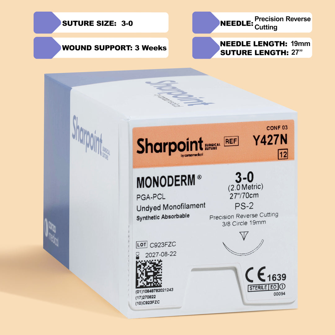 A Sharpoint Monoderm box labeled Y427N, containing 3-0 gauge, 27-inch length PGA-PCL monofilament sutures with a PS-2 precision reverse cutting needle. The packaging highlights the suture's absorbable nature, designed for delicate surgical applications where minimal tissue trauma and secure wound closure are essential. Manufactured by Surgical Specialties for professional use, ensuring sterility and reliability